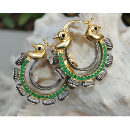 Gold Green Diamond Bali Hoop Earrings